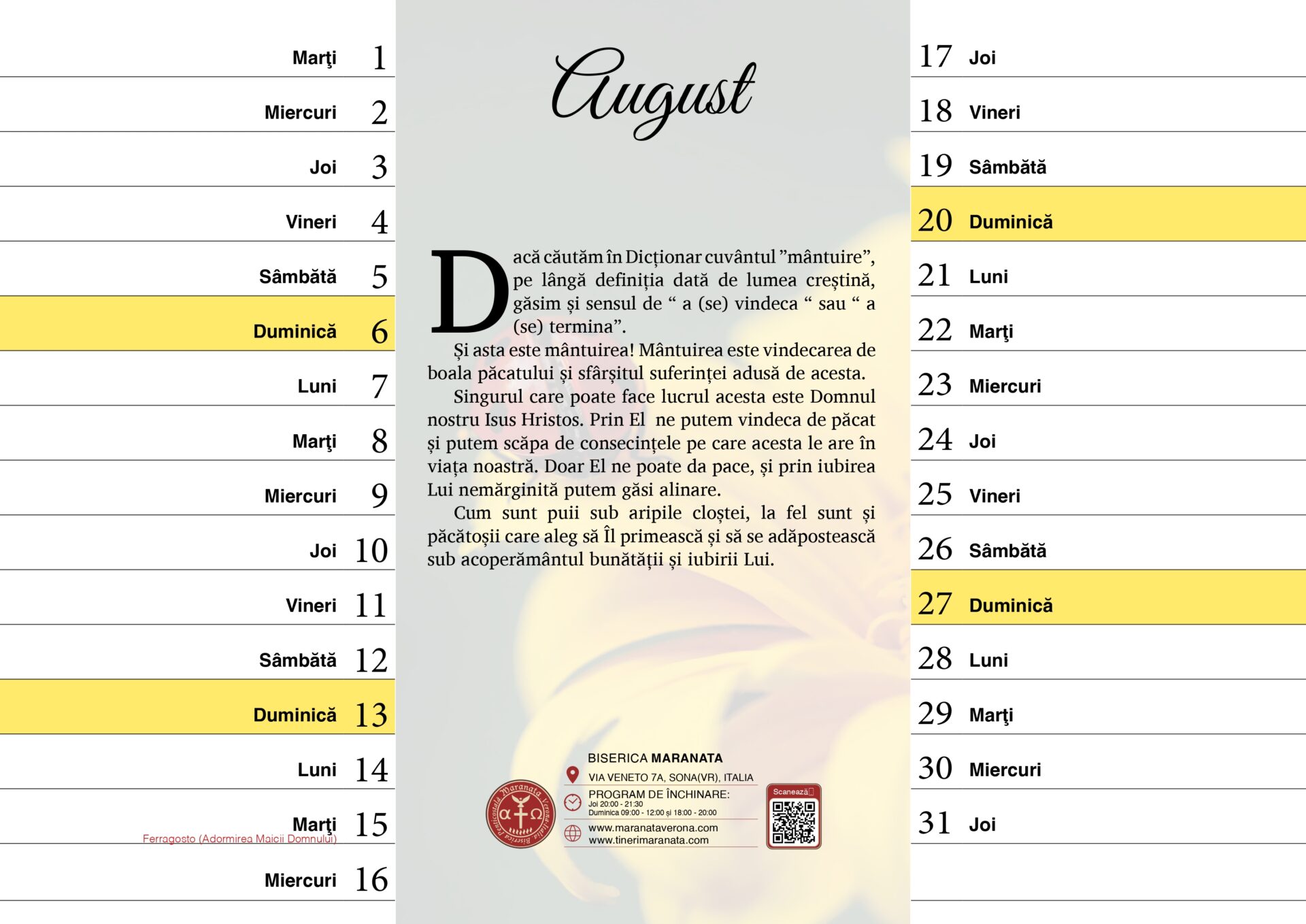 Pagină din calendarul cu versete